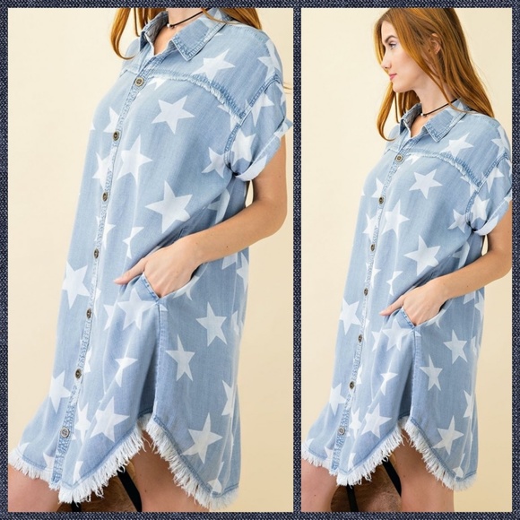 RESTOCKED Easel Lightweight Distressed Denim Shirt Dress - Slightly darker shade - Picture 3 of 15